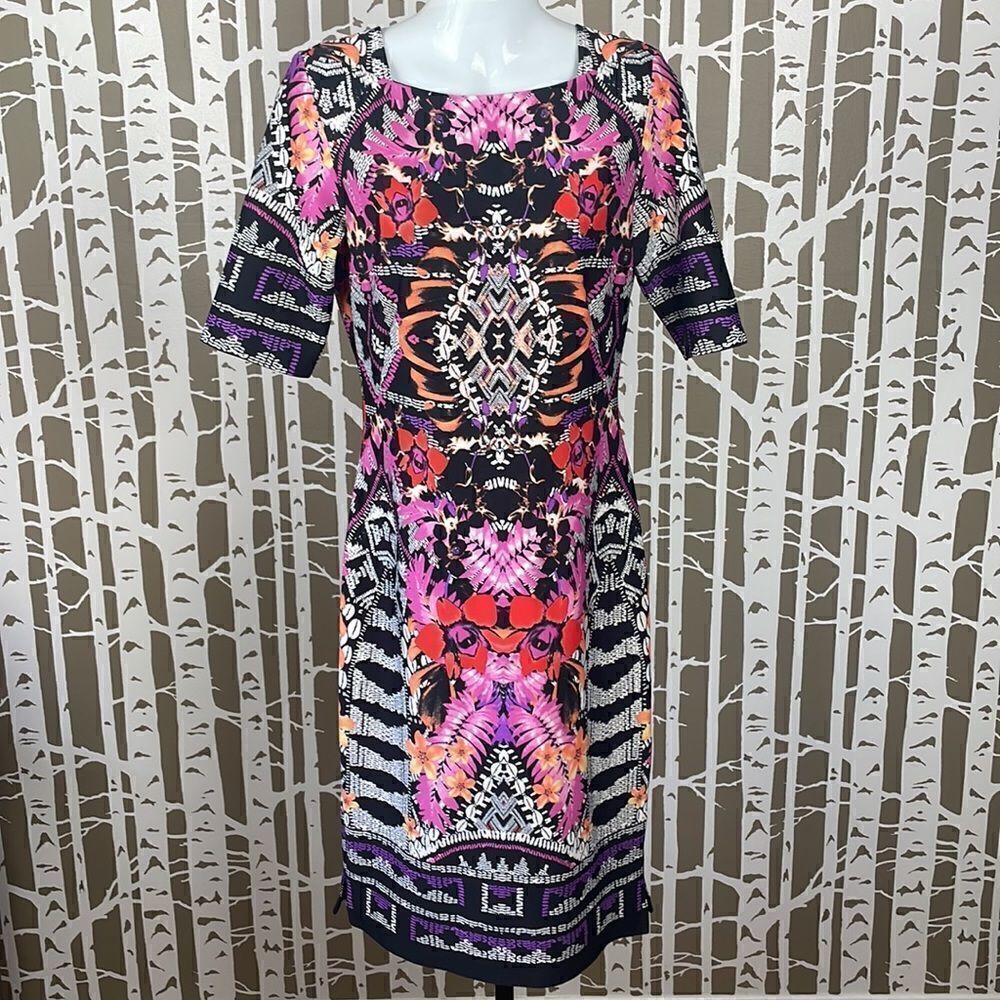 Gabby Skye Geometric Tropical Floral Print Zip Back Scuba Sheath Midi Dress sz 6